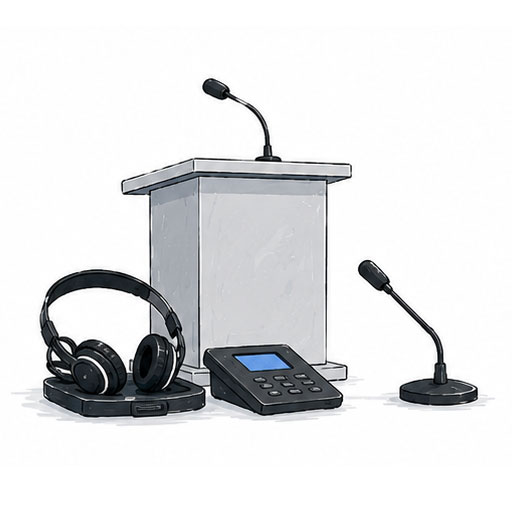 On-site interpretation icon: interpreter headset, digital console, and podium microphone