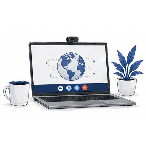 Video remote interpreting icon: a laptop video call with a globe on screen