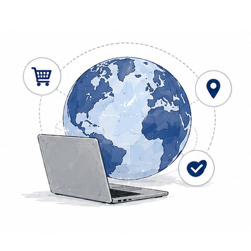 Localization icon: a globe with shopping, location, and checkmark icons around a laptop