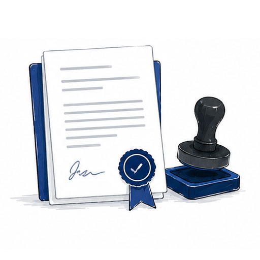 Certified translation icon: a signed document with an official seal and stamp