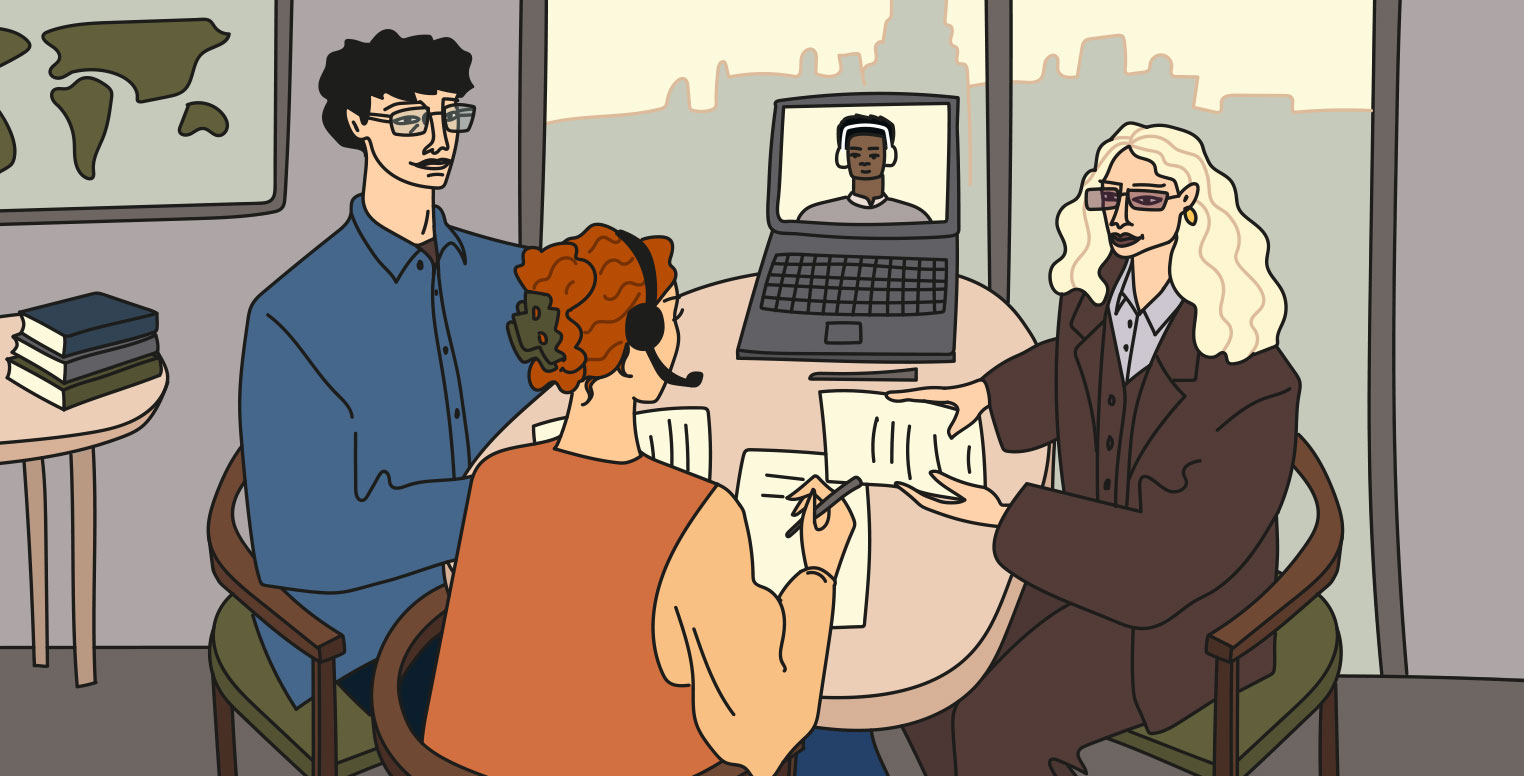 Illustration of a business meeting with an interpreter joining remotely by video call